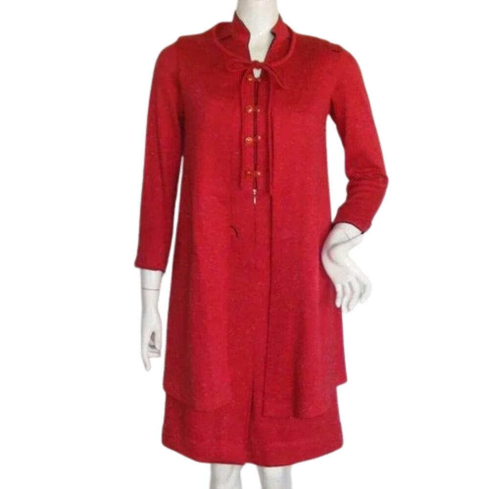 Vintage Dress Set, XS, Red, 3/4 Sleeve, Long Vest, Wooly, 2 piece,